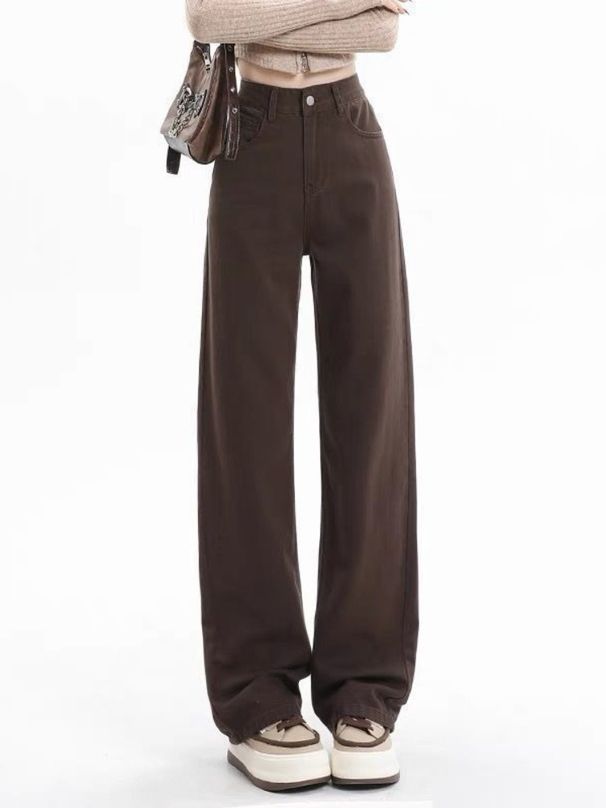 K American Retro Coffee Color Narrow Straight Leg Jeans For Women, New High Waisted Loose Fit Slimming Casual Wide Leg Pants_mkmklike.com
