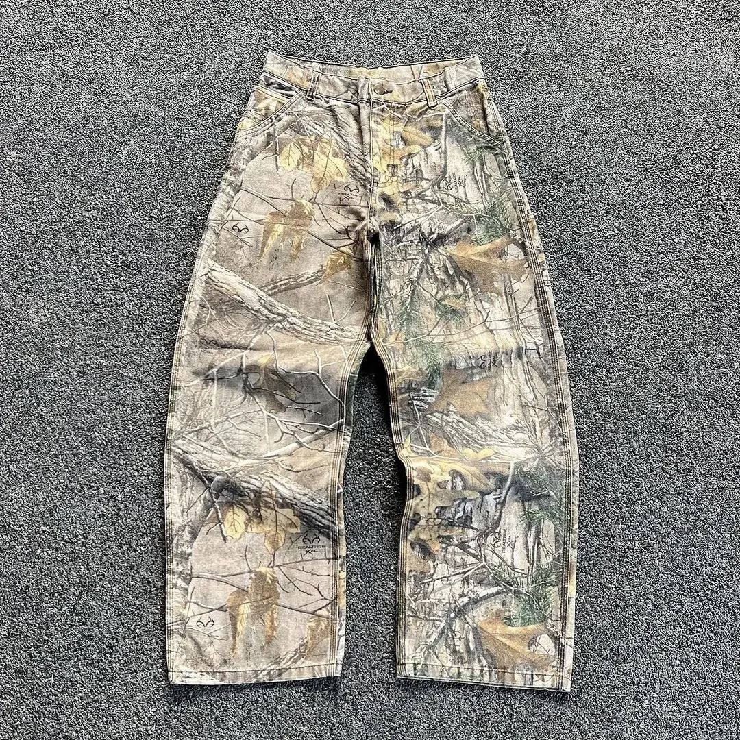 2025 Summer Washed New Camouflage Pants Tree Branch Men's American Style Distressed Wide-Leg Loose Straight Jeans_mkmklike.com