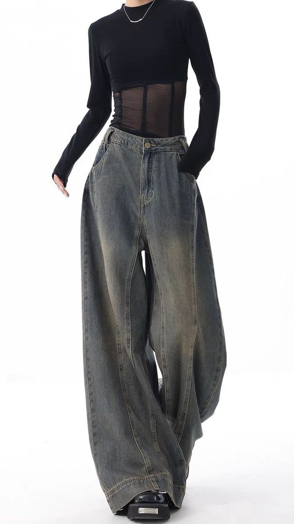 Relaxed Wide-Leg Jeans – High-Waisted Vintage Wash For Effortless Streetwear_mkmklike.com