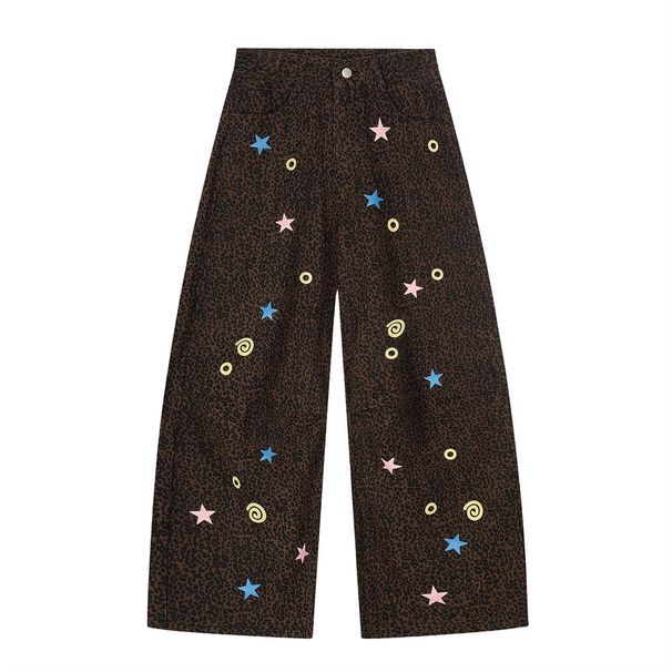 Fun Starry Leopard Print Oversized Men's Trendy Brand Vibe Style Pleated Design Niche Denim Casual Pants_mkmklike.com