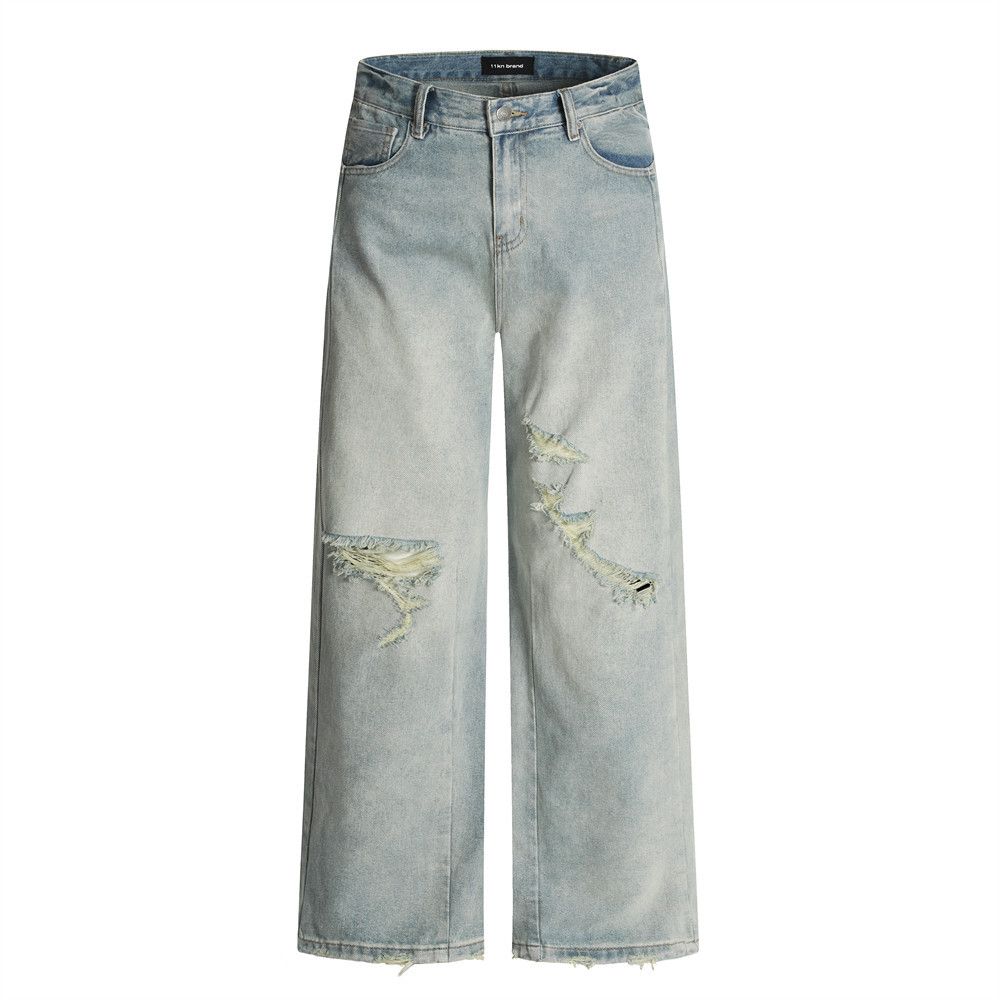 Distressed Straight-Leg Jeans For Men Loose Wide-Leg American Street Style Punk Washed Faded Vintage Design Long Pants_mkmklike.com