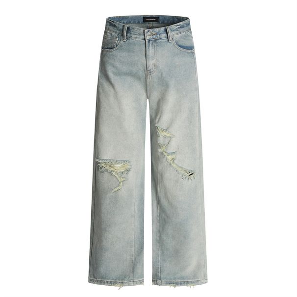Distressed Straight-Leg Jeans For Men Loose Wide-Leg American Street Style Punk Washed Faded Vintage Design Long Pants_mkmklike.com