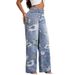 Streetwear Print Jeans For Women - Oversized High Waist Wide Leg Denim Pants With Vintage Vibe, Comfortable Cotton Blend, Fall Fashion_mkmklike.com