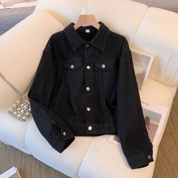 Women’s Vintage Denim Jacket – Classic Indigo & Black Single-Breasted Cardigan Coat (S-2XL)_mkmklike.com