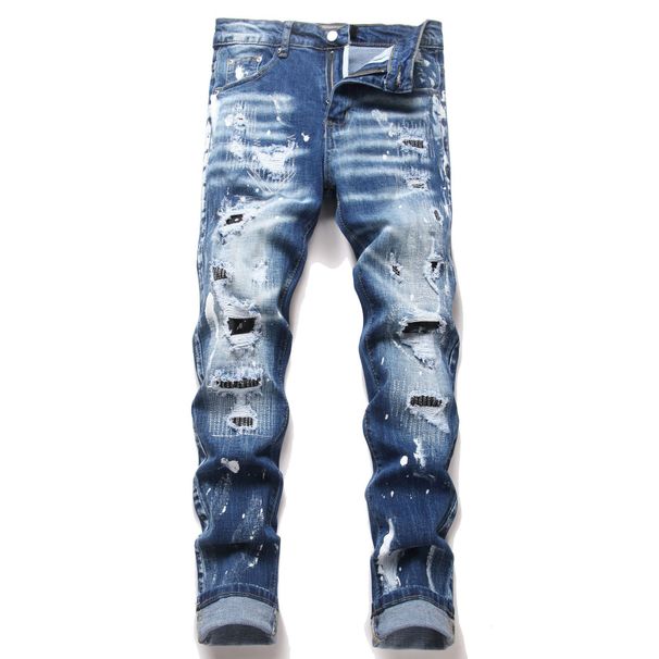Men's Distressed Denim Jeans With Patchwork & Paint Splatter Design, Slim Fit Skinny Leg Ripped Casual Trousers_mkmklike.com