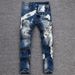 Men's Slim Fit Jeans Small Three Hole Design Autumn Winter Luxury Spray Paint Black Gray High End Casual Pants_mkmklike.com