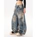 Men's High Street Distressed Patchwork Wide Leg Jeans | Vintage Graffiti Design | Loose Fit Retro Denim Pants_mkmklike.com