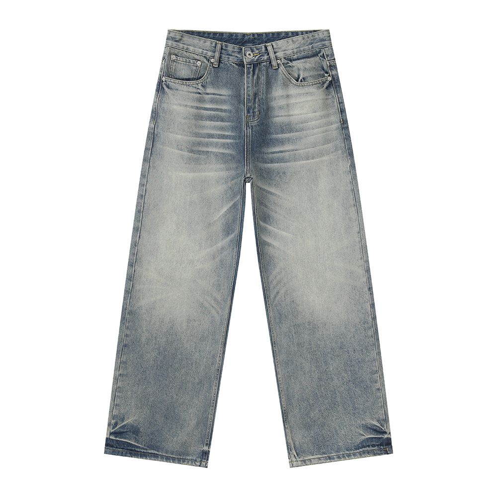 MTLCLOTHES Menswear | Vintage Washed Light Distressed Stylish Straight Wide Leg Jeans With Whiskers Versatile_mkmklike.com