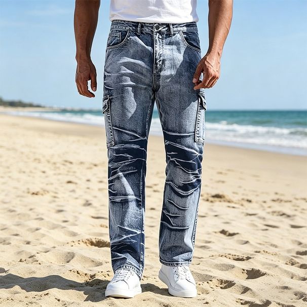 Men's Straight Leg Jeans Multi Pocket Design American Casual Versatile Trousers for All Seasons_mkmklike.com