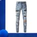 Men's Clothing Men's Trousers Trendy Brand Boys' Ripped Diamond Jeans Men's High Street Graffiti Retro Elastic Slim Fit Skinny Pants_mkmklike.com