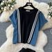 Casual Wear Women's Summer Fashion Contrast Color Striped Edge Short Sleeved Tops High Waist Denim Stitching Wide Leg Long_mkmklike.com