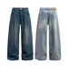 Men's Clothing Retro Washed Old Double Pleated Jeans Trendy Loose Baggy Wide Leg Mopping Casual Trousers_mkmklike.com