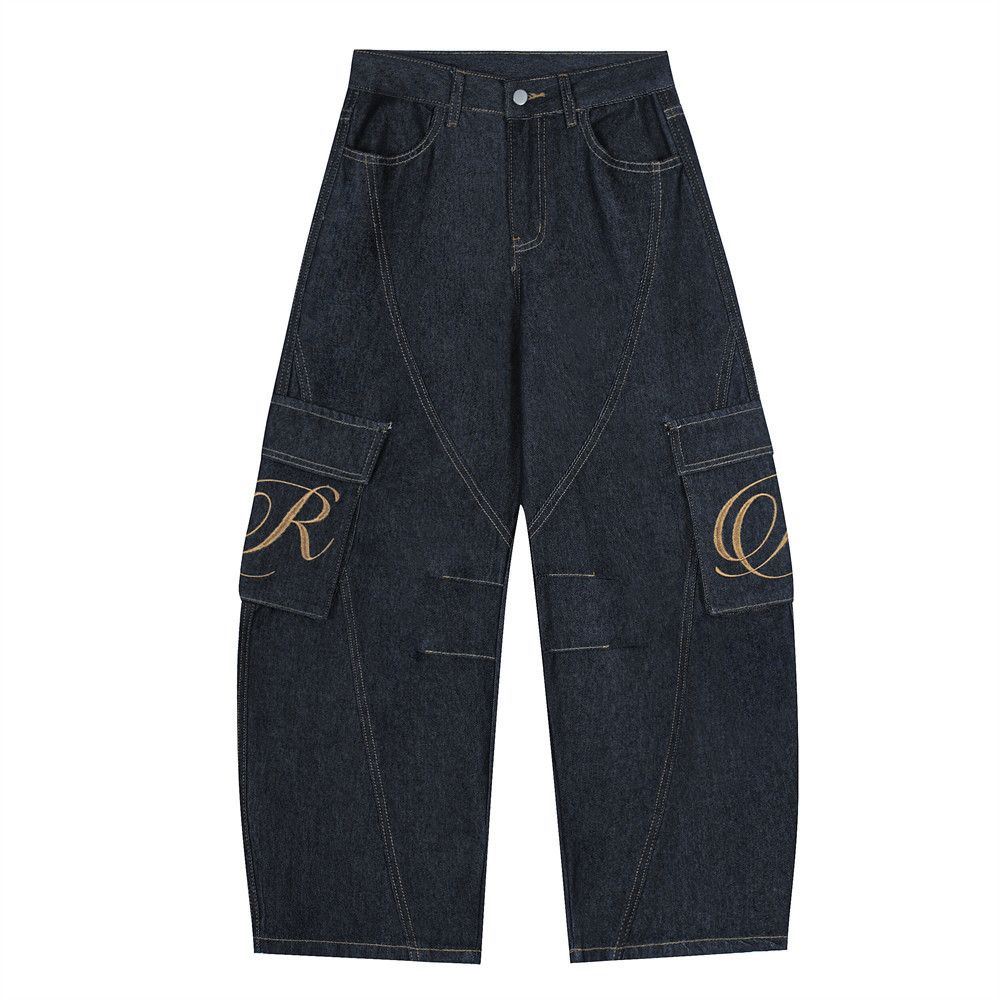 American High Street Silhouette Scimitar Jeans Trendy Brand Men's Design Sense Deconstructed Embroidered Pocket Curved_mkmklike.com