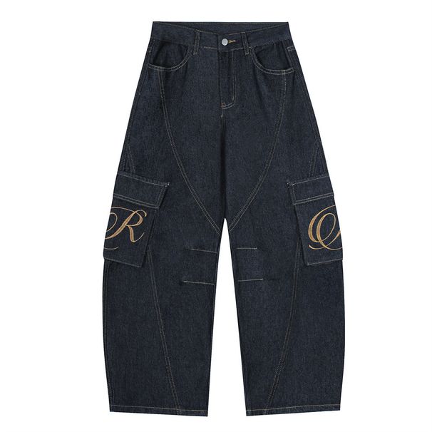 American High Street Silhouette Scimitar Jeans Trendy Brand Men's Design Sense Deconstructed Embroidered Pocket Curved_mkmklike.com