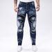 Four Season Wearable High Street Trendy Patchwork Design Jeans For Men, Elastic Slim Fit Small Leg Tight Pants, Ripped Patch Blue Pants_mkmklike.com