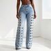 High Waisted Women's Jeans European American Style Metallic Cutout Washed Straight Leg Floor Length Denim_mkmklike.com