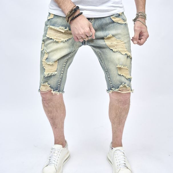 REPPUNK Men's Slim Fit Distressed Denim Shorts - Mid Waist Stretch Cotton Casual Cargo Pants For Teen Boys (Blue, Size 28-38)_mkmklike.com