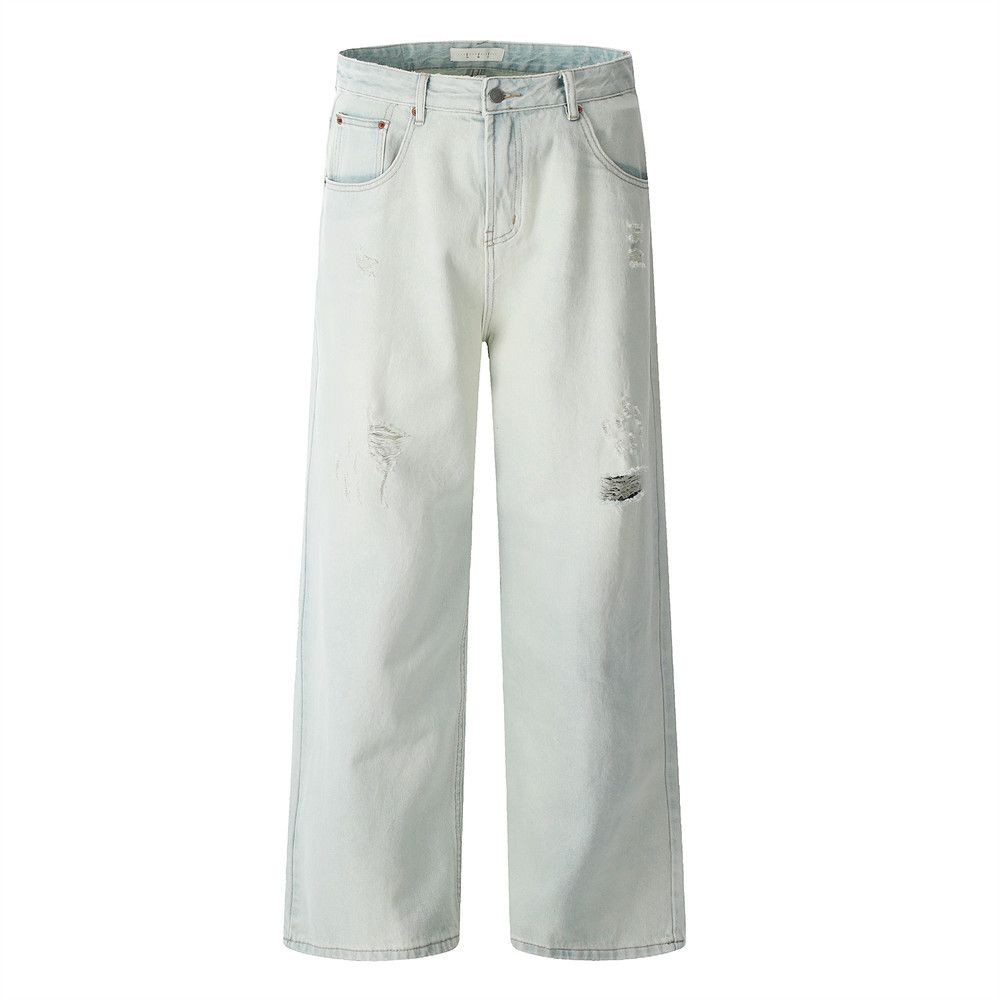 Punk Light Washed Vintage Jeans Men's Ripped American Street Style Loose Wide-Leg Straight Pants_mkmklike.com