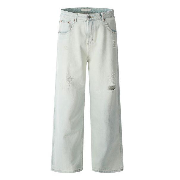 Punk Light Washed Vintage Jeans Men's Ripped American Street Style Loose Wide-Leg Straight Pants_mkmklike.com