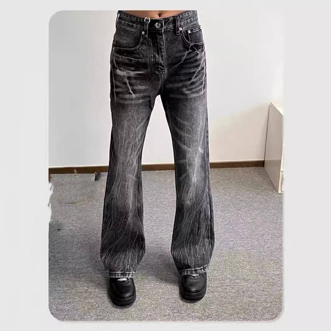 Men's Clothing Cleanfit Distressed Retro Gradient Washed Color Straight Leg High Black And Gray Jeans_mkmklike.com