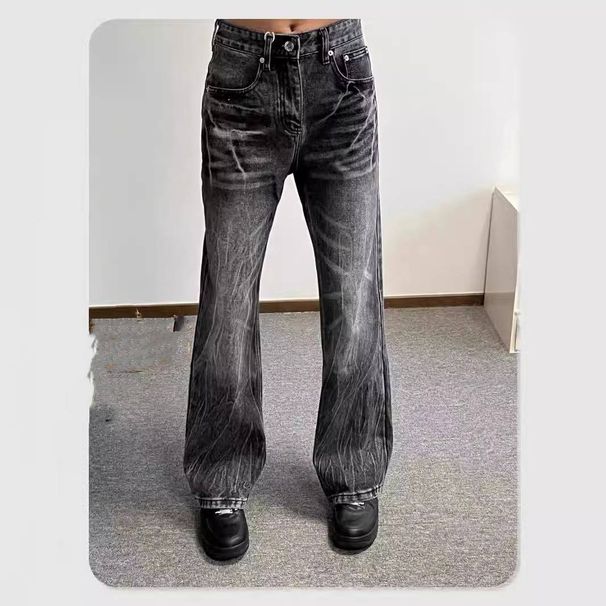 Men's Clothing Cleanfit Distressed Retro Gradient Washed Color Straight Leg High Black And Gray Jeans_mkmklike.com