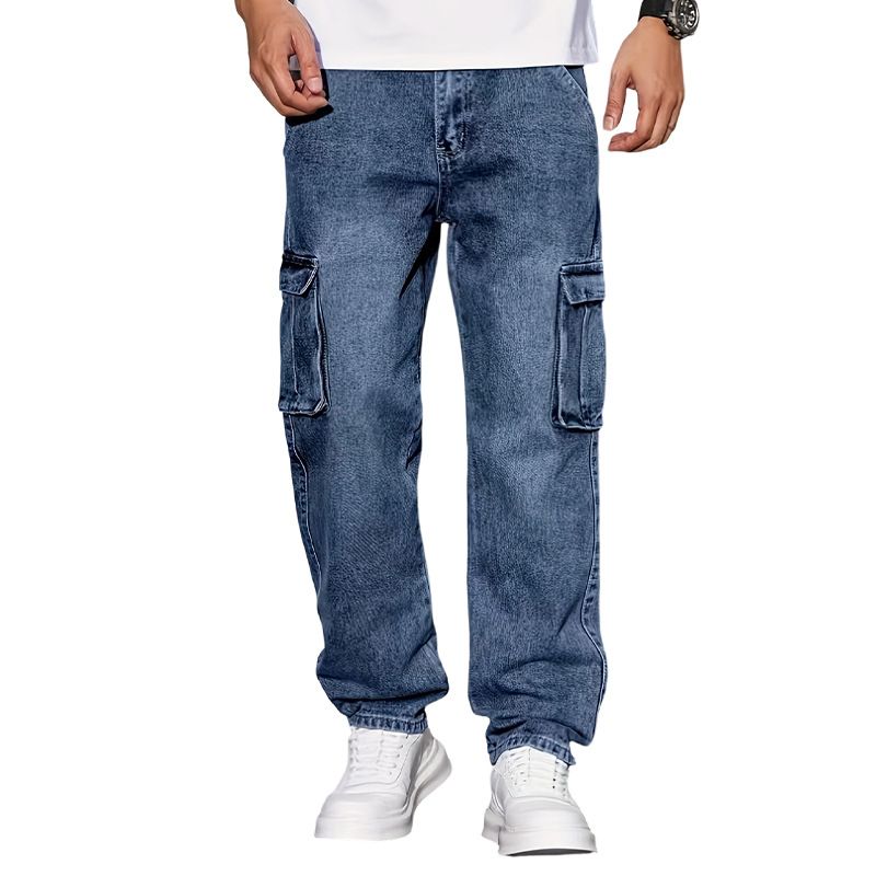 Men's Casual Straight Leg Jeans Mid Rise Multi Pocket Workwear Style American Retro Best Selling Pants_mkmklike.com