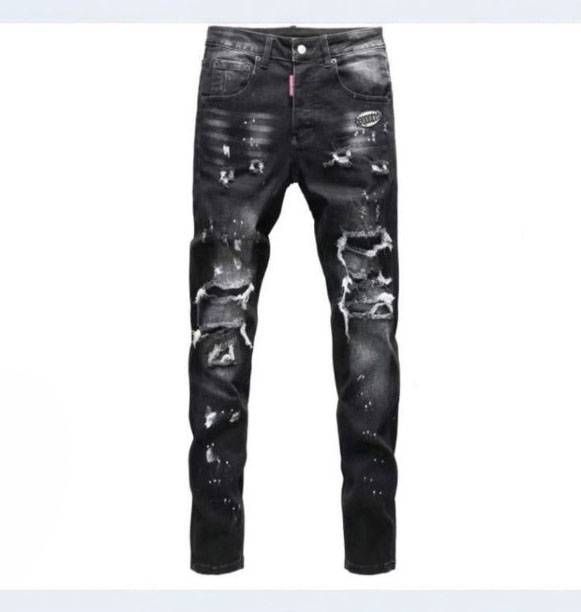 Men's Slim Fit Stretch Jeans With Splatter Paint & Ripped Details - Trendy Black & Grey Streetwear Denim Pants_mkmklike.com