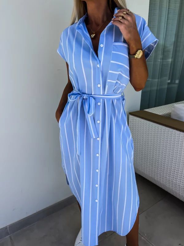 Women's Clothing sleeveless striped shirt dress lace up striped dress_mkmklike.com