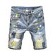 Summer Trendy Brand Contrast Color Shorts Men's High Street Handsome Ripped Patch Jeans Men's Trendy Ink Splashed Loose Shorts_mkmklike.com