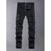 Men's Black Stretch Skinny Jeans Ripped Details Leather Patches Distressed Denim Casual Wear Pants_mkmklike.com