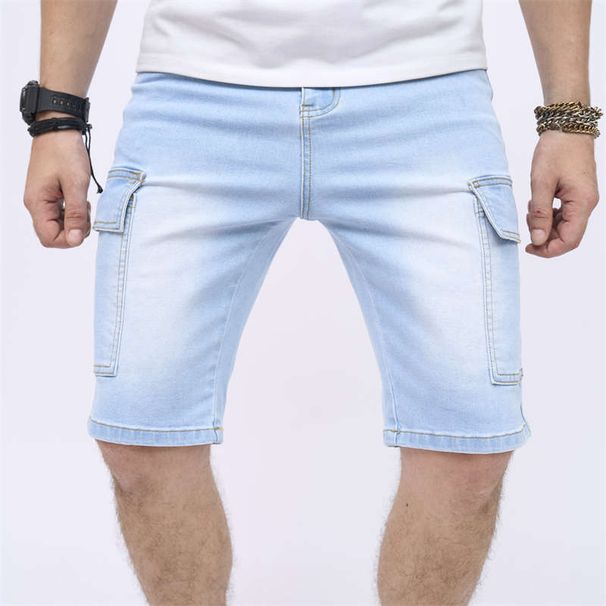 Men's Vintage Washed Denim Shorts - Mid Length Casual Summer Jeans With Distressed Details, Comfortable Cotton Blend, Straight Fit (Sky Blue)_mkmklike.com