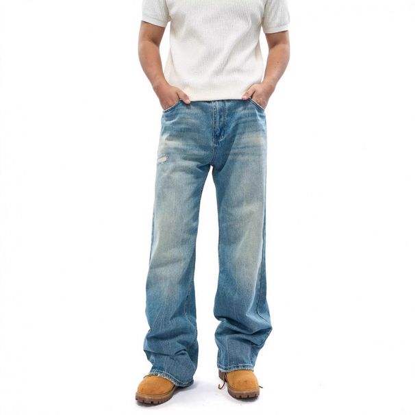 Vintage Light Blue Wide Leg Jeans For Men & Women, High Waist Straight Leg Distressed Denim Pants, Summer Washed Retro Style_mkmklike.com