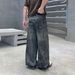 Men's Trendy High Street Loose Fitting Wide Leg Jeans Dark Gray Washed Graffiti Design Unisex Midweight Cotton Long Pants_mkmklike.com