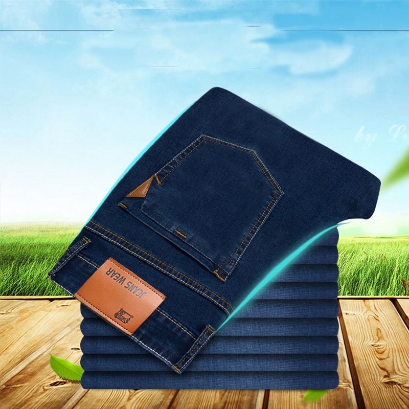 Brother Wang Men's Classic Style Stretch Slim Jeans Business Casual Denim Pants Light Blue Black Trousers Male_mkmklike.com