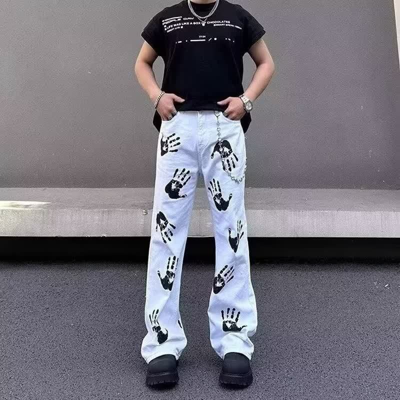 Men's Clothing White Unisex Hip Hop Unisex White Hip-Hop Denim Pants With Print Design - Straight & Flared Leg - Casual Streetwear For Men & Women_mkmklike.com