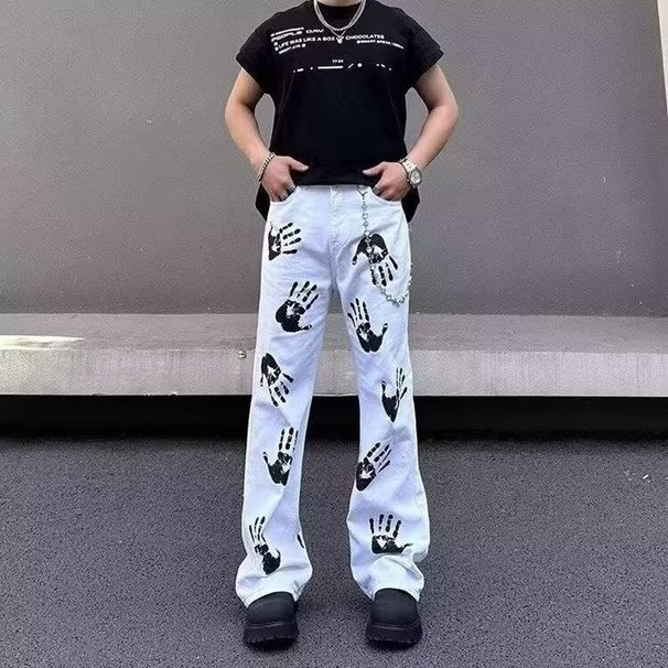Men's Clothing White Unisex Hip Hop Unisex White Hip-Hop Denim Pants With Print Design - Straight & Flared Leg - Casual Streetwear For Men & Women_mkmklike.com