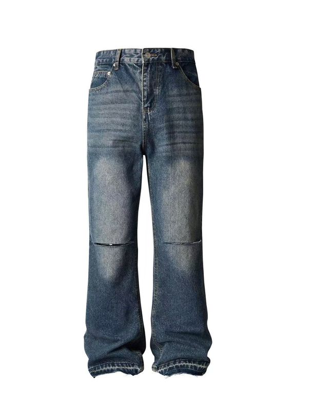 Men's Clothing Men's Distressed Wide-Leg Jeans - Double Wash Destroyed Denim (Vintage Streetwear Statement)_mkmklike.com