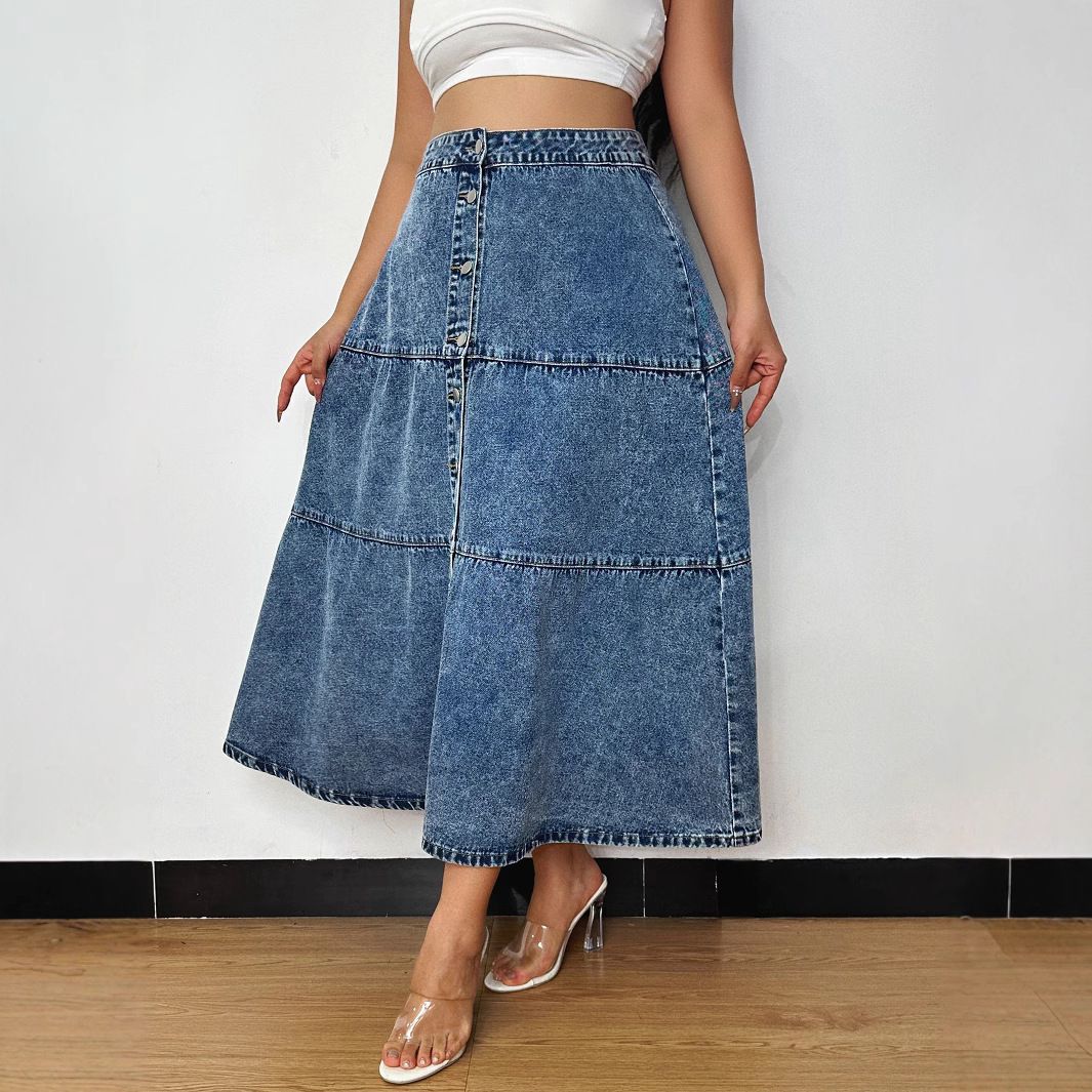 Plus Size A-Line Denim Skirt With Layered Hem - High Waist Summer Casual Skirt For Women, Streetwear Staple In Light Blue_mkmklike.com