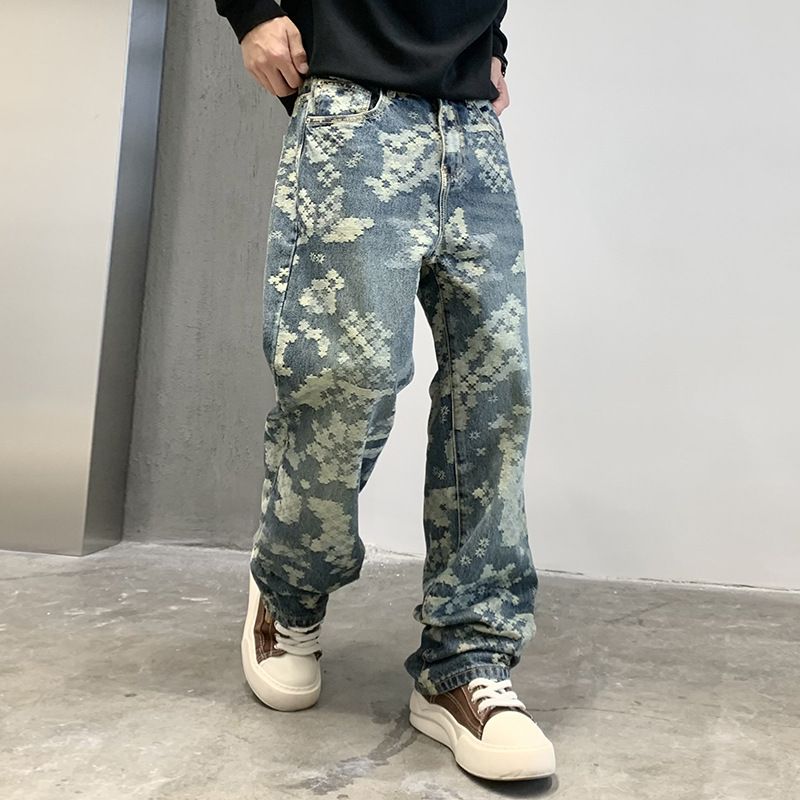 Men's Clothing Jacquard jeans fashion new casual street denim loose straight pants men high street fashion all match trousers men_mkmklike.com