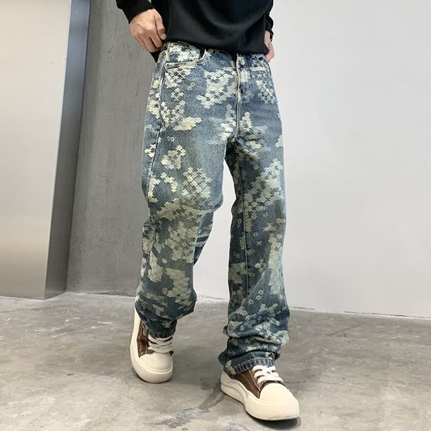 Men's Clothing Jacquard jeans fashion new casual street denim loose straight pants men high street fashion all match trousers men_mkmklike.com