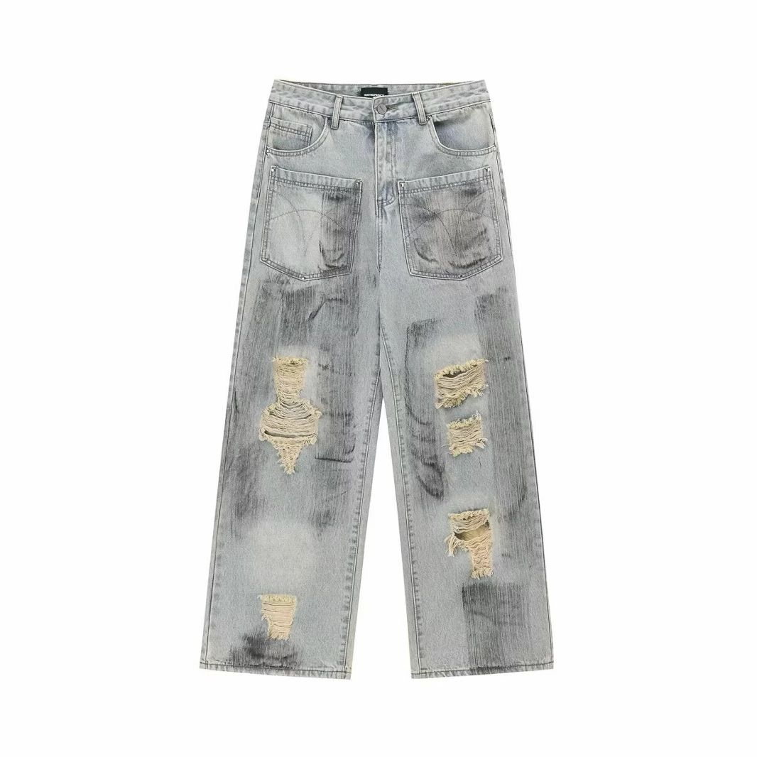 Japanese Vintage Washed Distressed Denim Jeans For Men & Women - Straight Fit Relaxed Light Blue Streetwear Pants With Functional Pockets_mkmklike.com