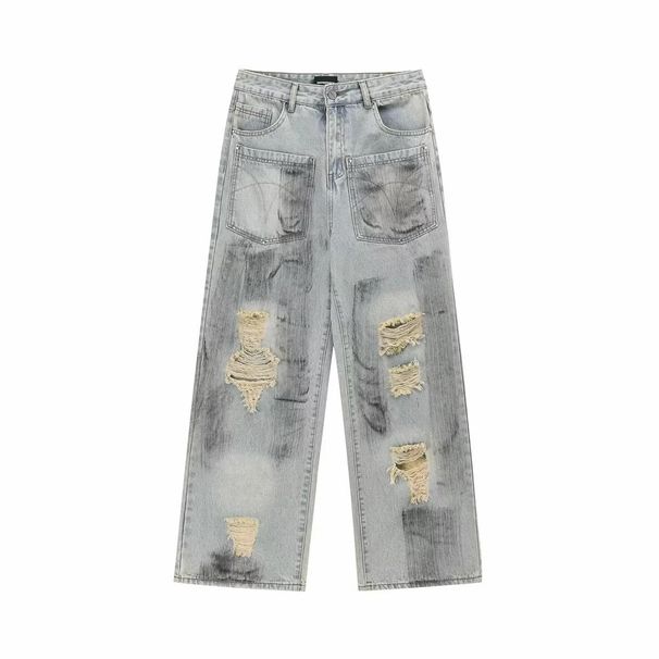 Japanese Vintage Washed Distressed Denim Jeans For Men & Women - Straight Fit Relaxed Light Blue Streetwear Pants With Functional Pockets_mkmklike.com