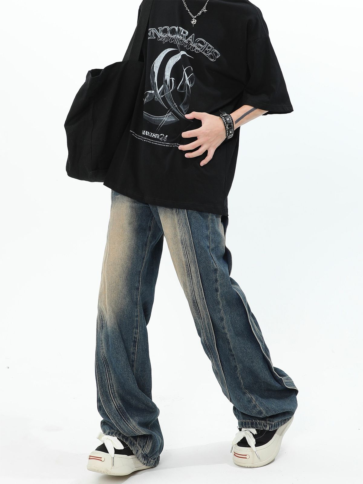 Men's Premium Heavyweight Distressed Denim Jeans Relaxed Fit High Street Wide Leg Straight Pants Vintage Wash_mkmklike.com