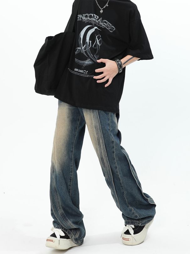 Men's Premium Heavyweight Distressed Denim Jeans Relaxed Fit High Street Wide Leg Straight Pants Vintage Wash_mkmklike.com