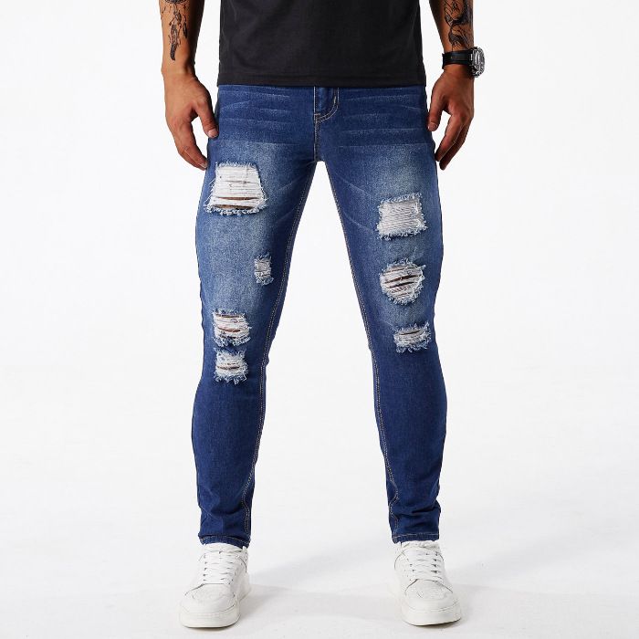 Men's Vintage Washed Ripped Jeans Distressed Denim Pants Hand-Scraped Details Slim Straight Fit Dark Blue Light Blue_mkmklike.com