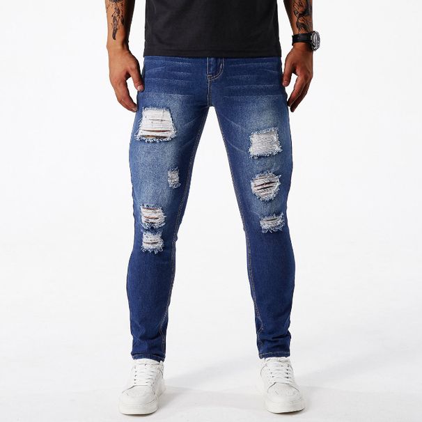 Men's Vintage Washed Ripped Jeans Distressed Denim Pants Hand-Scraped Details Slim Straight Fit Dark Blue Light Blue_mkmklike.com