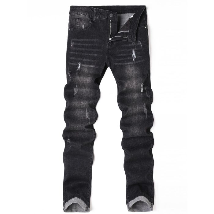 Men's Slim Straight Stretch Jeans - Distressed Black & Grey Washed Denim Pants For Casual Wear_mkmklike.com