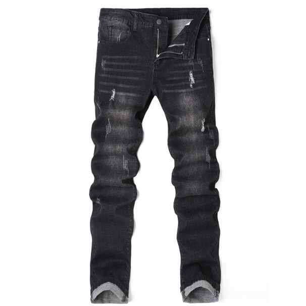 Men's Slim Straight Stretch Jeans - Distressed Black & Grey Washed Denim Pants For Casual Wear_mkmklike.com