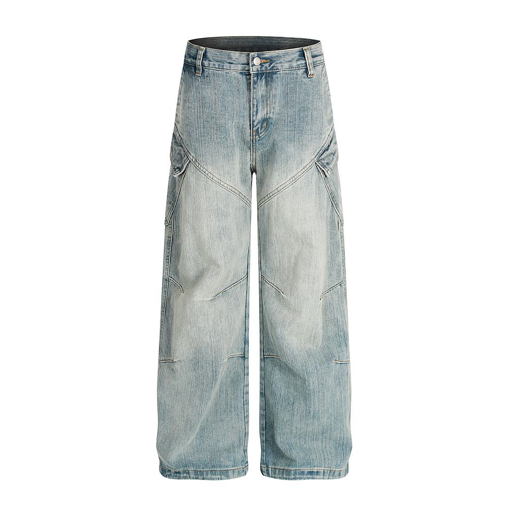 Washed Vintage Workwear Jeans For Men, Vibe Trendy Brand, High Street Pleated Design, Loose Wide-Leg Straight Pants_mkmklike.com