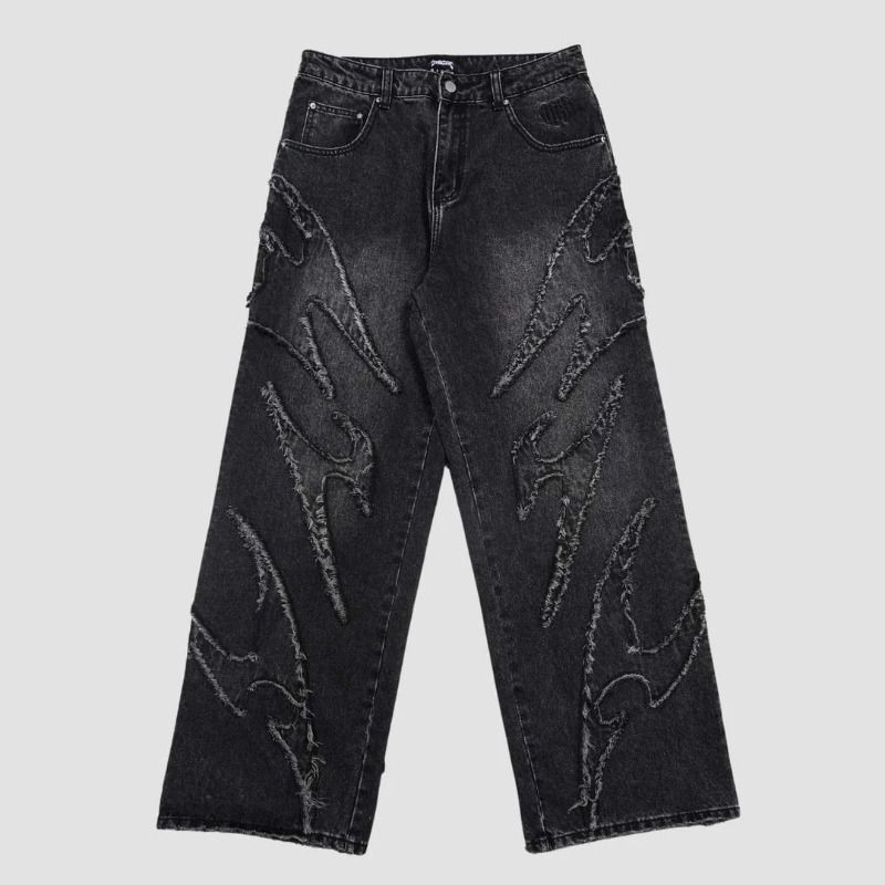 Men's Clothing American Retro Dark Style Punk Street Trend Y2k Washed Collage Embroidery Raw Edge Jeans Men And Women Cross Border_mkmklike.com